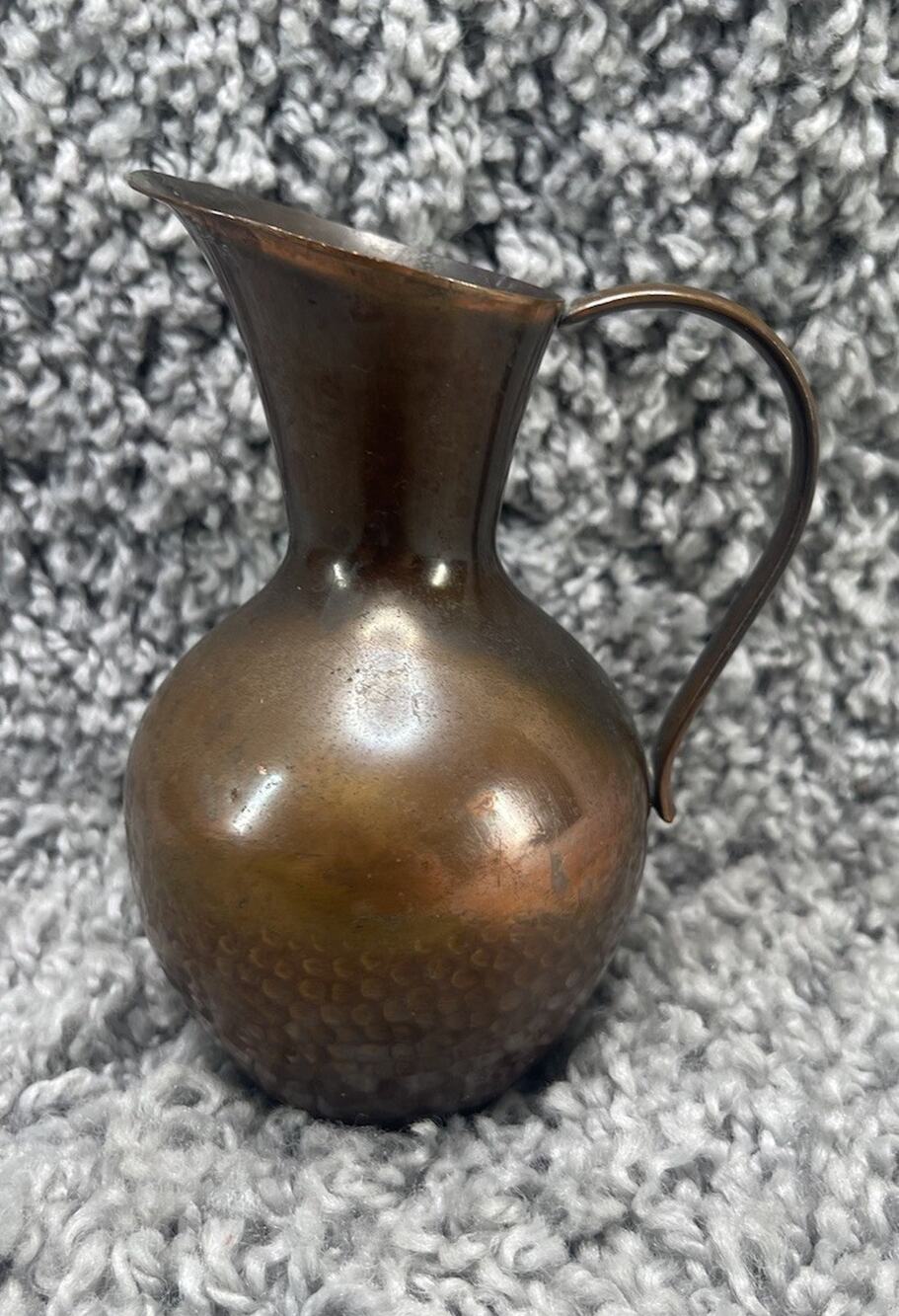 Vintage 5 Inch Hammered Copper Pitcher With Brass Handle Kitxhen Decorative